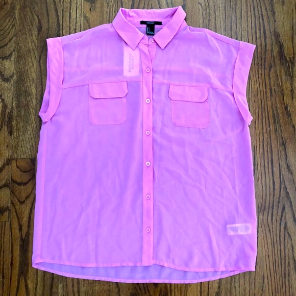 Forever 21 Tops - Forever 21 Bright Pink Button Down Sheer Short Sleeve Blouse Women’s Sz. Small